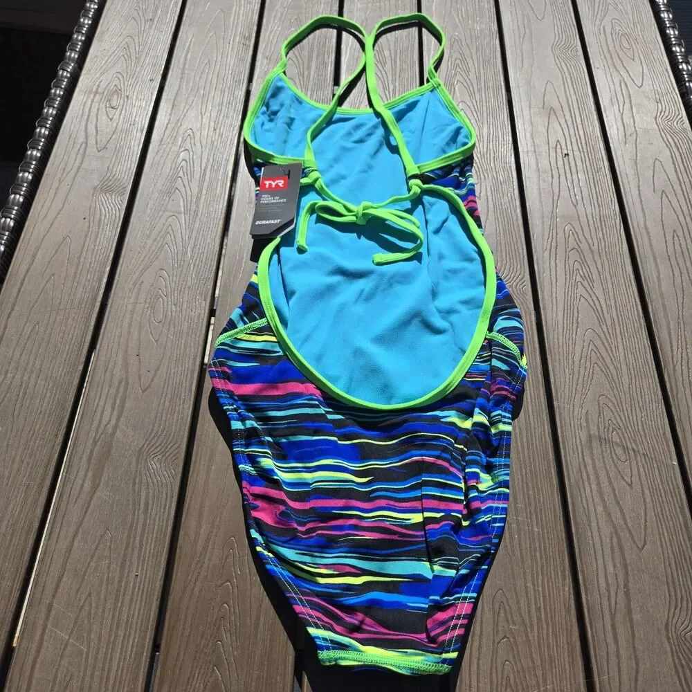 TYR Durafast One Women's Blue/multi Fresno Crosscutfit Tieback Swim Sz 34 New